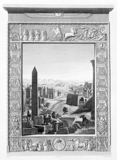 Frontispice van Deel 1 van de `Beschrijving van Egypte`, gegraveerd door Girardet en Sellier, en gepubliceerd in opdracht van Napoleon door Cecile